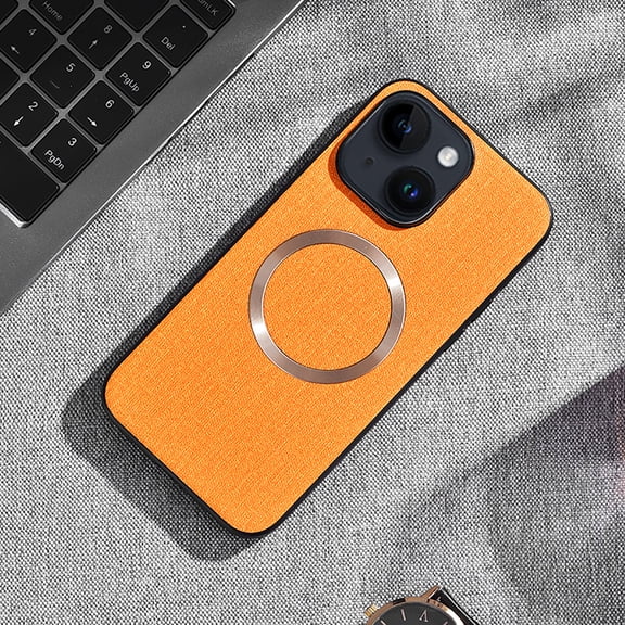 For iPhone 15 Matte Case [Compatible with Magsafe] Soft TPU Bumper   PU Leather Cloth Textured Back Ultra-Thin Business Shockproof Soft Drop Protective Case For iPhone 15,Orange