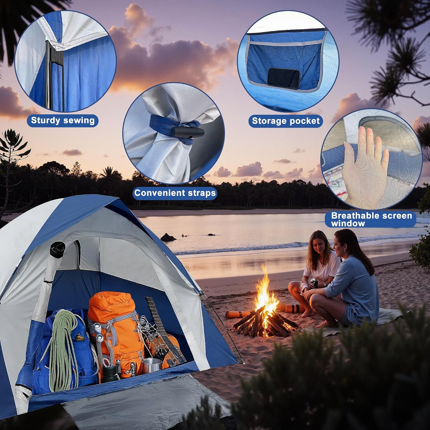XL Tent 6 Person Dome Camping Tent, Double Layer Waterproof, Removable Rain Fly, for Outdoor Hiking, Fishing (6 People Blue)