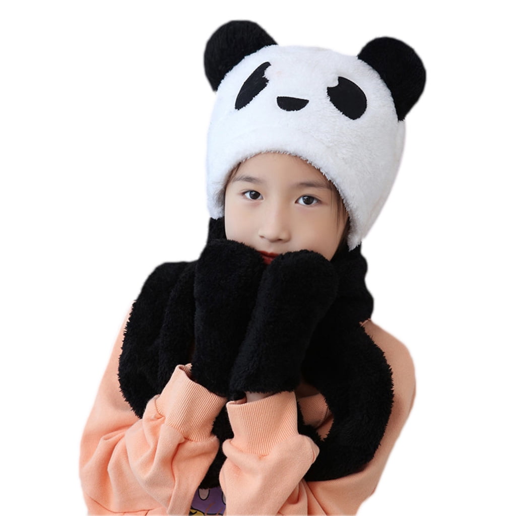 Wool Fleece Lined Trapper Beanie Cap Animal Hat for Kids Grey Panda 