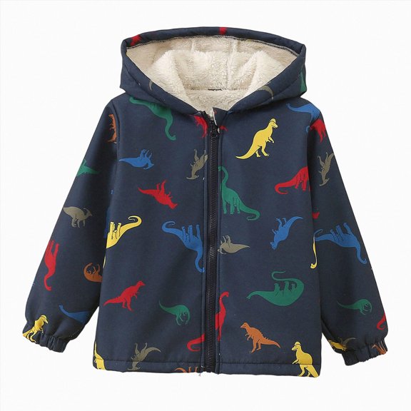 Gubotare Toddler Sherpa Jacket Baby Boys Dinosaur Fleece Hooded Zip-Up Jacket Fall Winter 2-11 Years (Navy,3-4 Years)