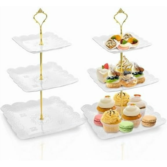 2 Pack 3-Tier White Ceramic Embossed Dessert Cake Tower Stand with Gold Carry Handle, Cupcake Stand Serving Trays, Porcelain Party Food Server Display Holder