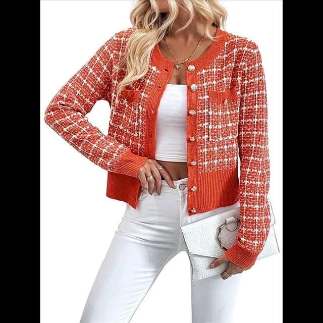 Blazer de A Cuadros para Mujer, Elegante, Informal, con Botones Al Frente, Cuello Redondo, Larga, Tejido Texturizado Naranja-Rojo M