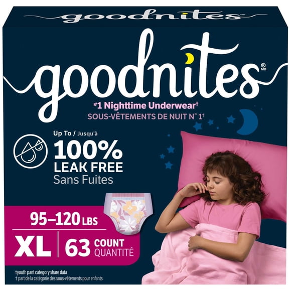 Sous-vêtements de nuit Goodnites pour filles, taille TG (43 à 54 kg [95 à 120 lb]), 63 sous-vêtements