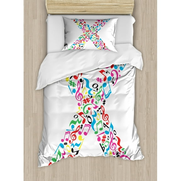 Letter X Duvet Cover Set Twin Size, Vibrant Colored Musical Signs and Symbols on Capital X Artistic Lively ABC Design, Decorative 2 Piece Bedding Set with 1 Pillow Sham, Multicolor, by Ambesonne