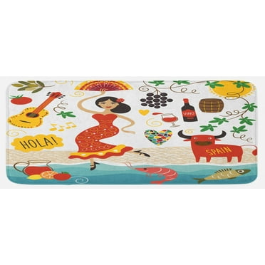 Spain Kitchen Mat, National Elements Design Bull Guitar and Flamingo Dancer Cartoon Style Composition, Plush Decorative Kitchen Mat with Non Slip Backing, 47" X 19", Multicolor, by Ambesonne