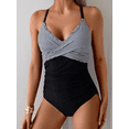 thumbnail image 2 of Women's One Piece Swimsuit Tummy Control Bathing Suit for Women with V Neck Cross Front & Wrap Tie Back, Full Coverage Swimwear, Black Stripe, 2 of 8