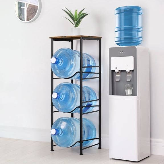 OYEAL 3-Tier 5 Gallon Water Jug Holder, Heavy Duty Water Bottle Rack with Storage Shelf, Space-Saving Water Cooler Jug Holder Rack for Home, Kitchen or Office, Brown