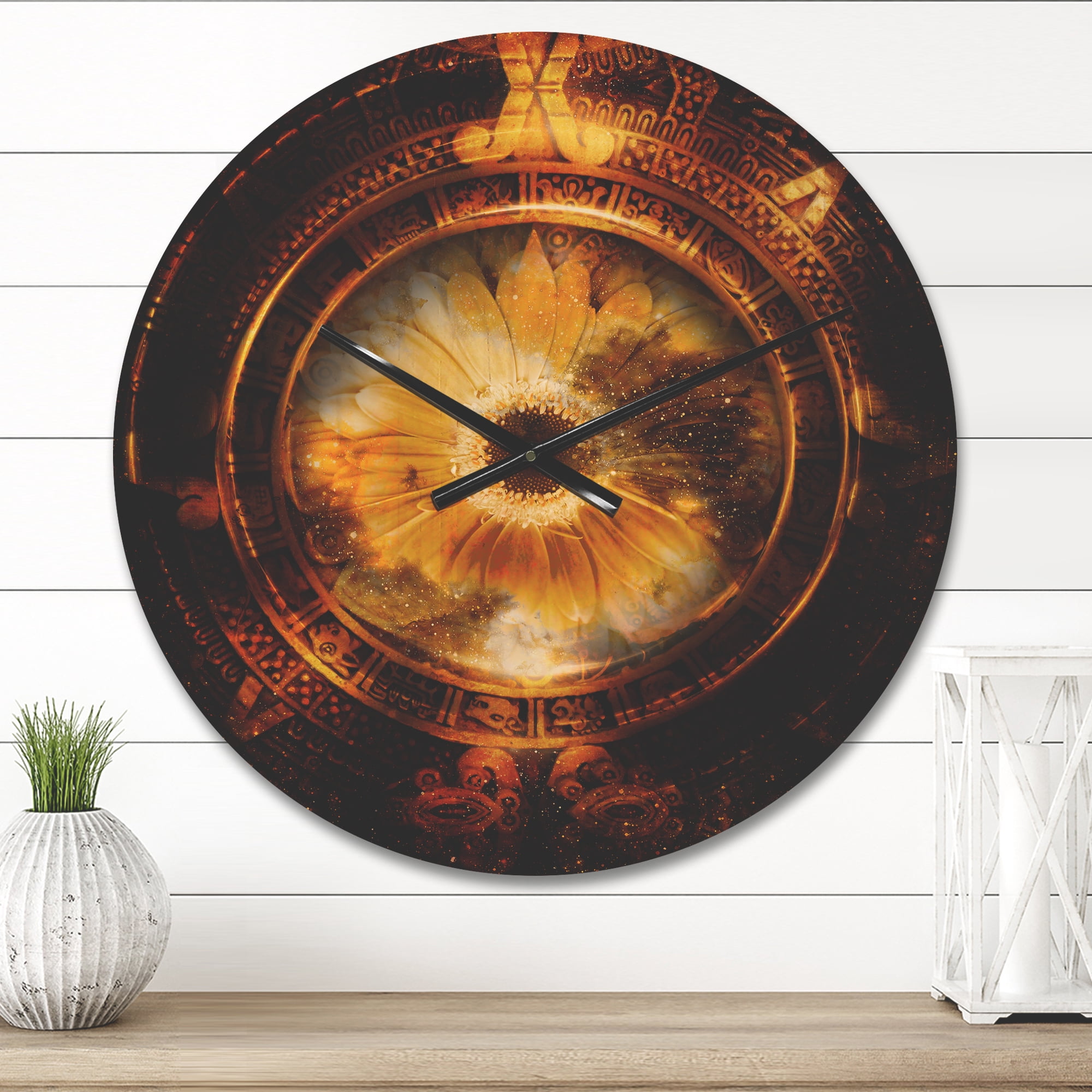 Designart 'Ancient Mayan Calendar Collage With Sunflower' Modern Wood Wall Clock