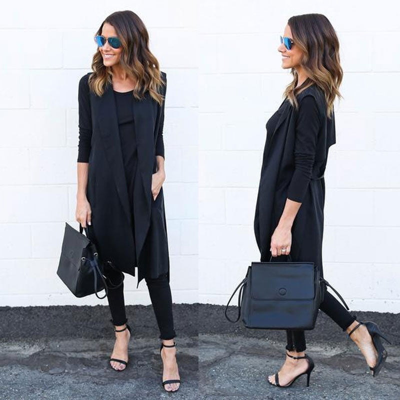 long black sleeveless cardigan