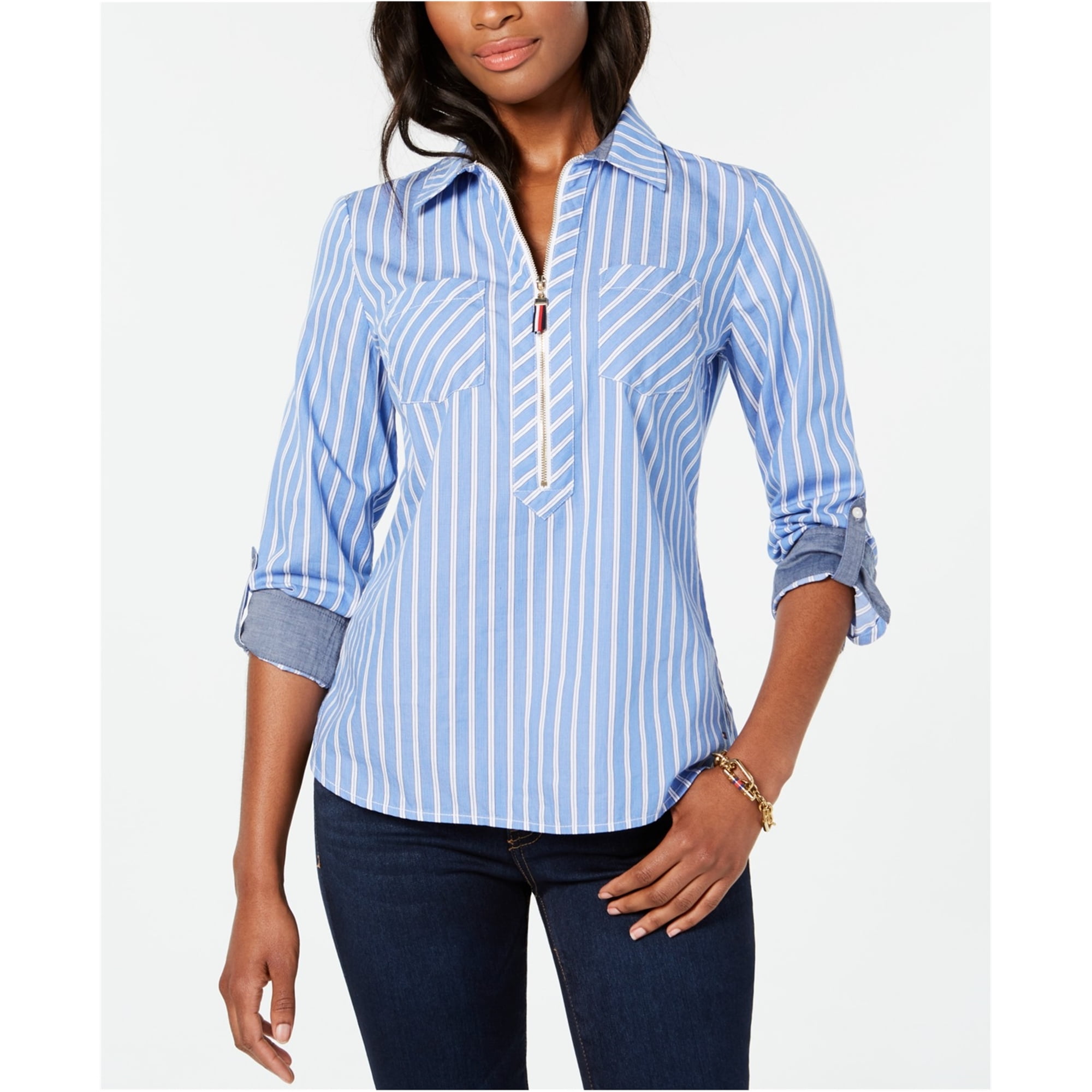 Tommy Hilfiger Blusa de rayas para mujer, azul, mediana Tommy