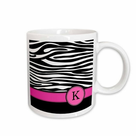 

3dRose Letter K monogrammed black and white zebra stripes animal print with hot pink personalized initial Ceramic Mug 15-ounce