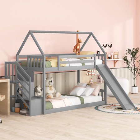 House Bunk Bed with Slide and Storage Staircase, Wood Floor Twin Over Twin Bunk Bed for Kids Toddler Boys & Girls,Gray