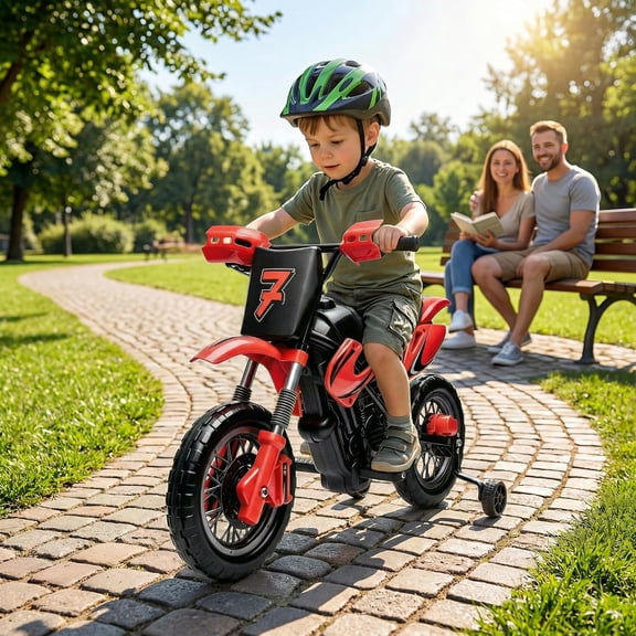 6V Electric Ride-On Motorcycle with Training Wheels, Foot Pedal Drive, Handlebar Control, Realistic Lights and Sounds, Rechargeable Battery, Safe Slow Speed, Ages 3 ,Red