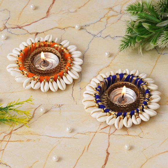 Set Of 2 Cowrie Shell Decorative Metal Tea Light Holders | Orange, Blue & White