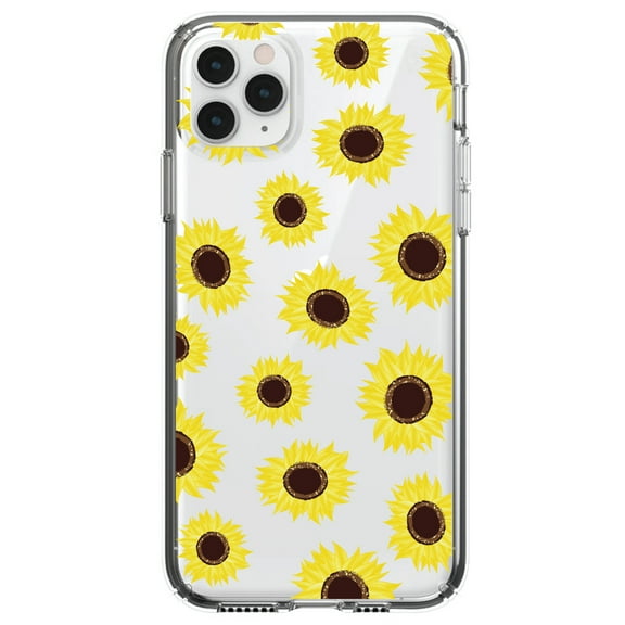 DistinctInk Clear Shockproof Hybrid Case for iPhone 12 Pro MAX (6.7" Screen) - TPU Bumper, Acrylic Back, Tempered Glass Screen Protector - Yellow Sunflowers
