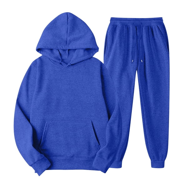 Wutalume Men's and Women's 2-Piece Fleece Lined Hoodie Set, Solid Color Casual Outfit with Pocket Joggers, Cold Weather Wear,Blue L