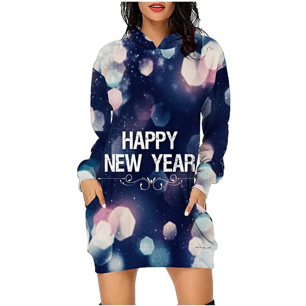 ICHUANYI Clearance Fashion Women Hooded Dress Pullover Long Sleeve Printing Pocket Casual Sweatshirt Dress(Blue, M) ICHUANYI WER2023081501189