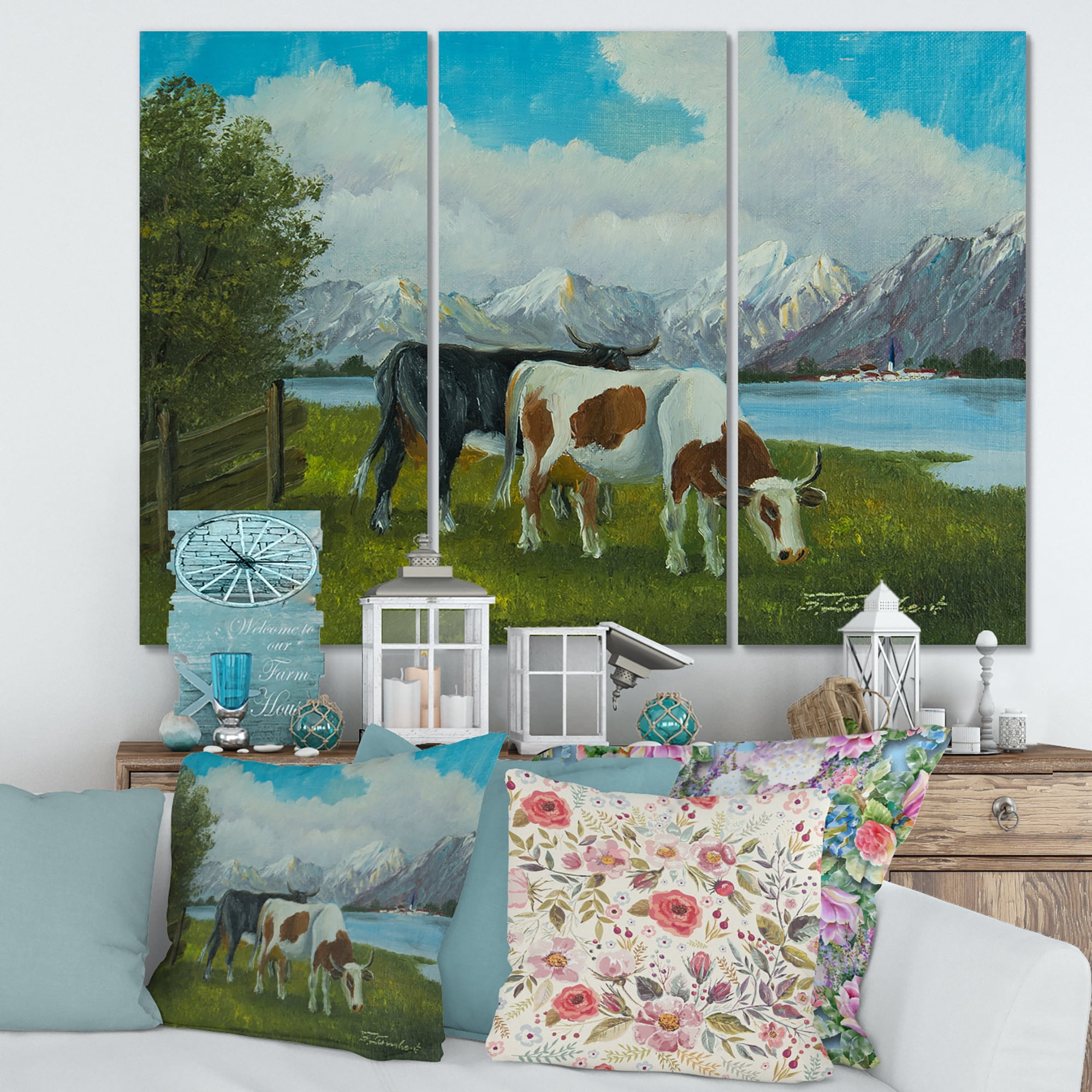 Designart ' Cows Eating Grass In Front Of A Lake ' Farmhouse Canvas Wall Art Print