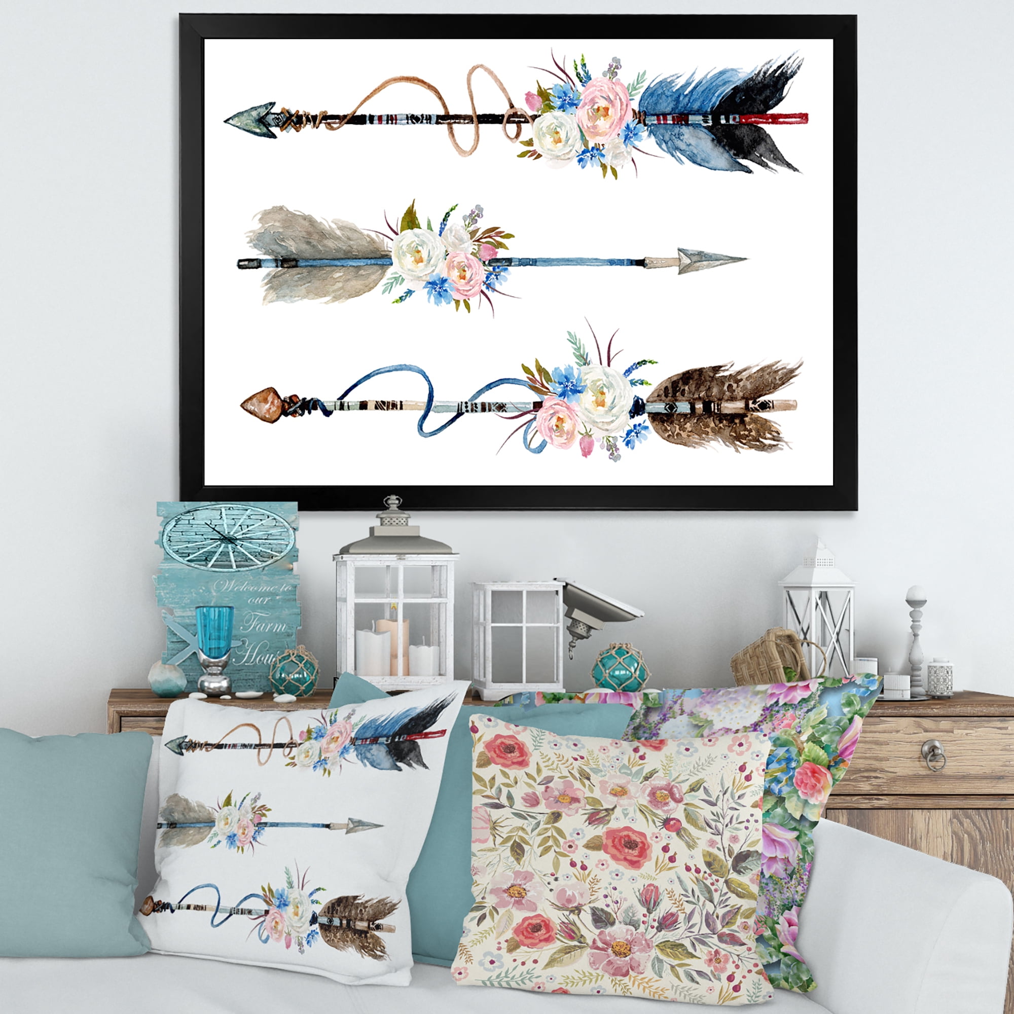 Designart 'Flowers and Ethnic Feathers On Native Arrows I' Bohemian & Eclectic Framed Art Print