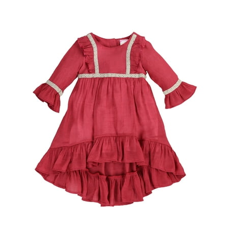 Soft Gauze-Cotton Prairie Pretty Ruffled High-Low Dress for Toddlers and Girls (Cardinal Red, 2T)