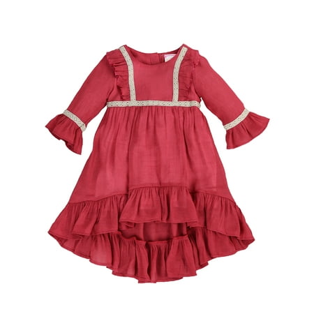 - Soft Gauze-Cotton Prairie Pretty Ruffled High-Low Dress for Toddlers and Girls (Cardinal Red, 2T)