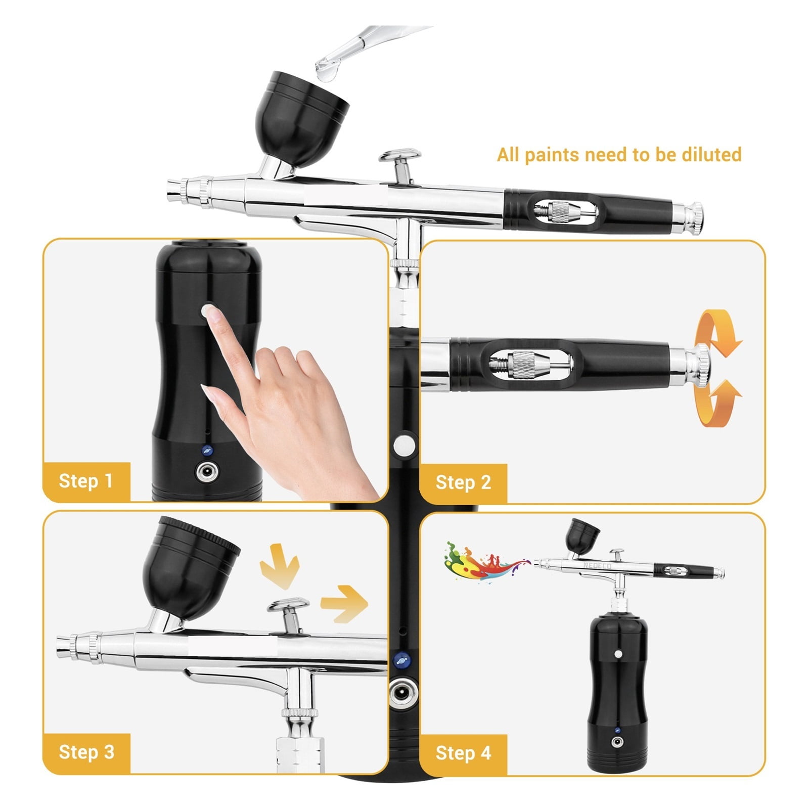 30psi Airbrush Kit With Auto Stop Compressor Handheld Cordless Air Brush Gun Set Wireless Gravity Feed Dual Action Rechargeable ,Effortless cleaning