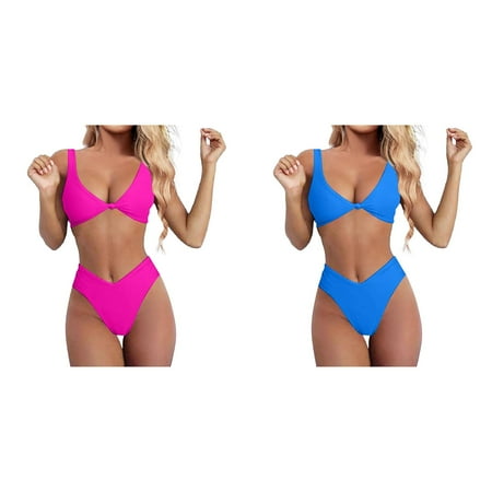 2-Pack Bikini Set For Women Solid V Neck Knot Front Push Up High Leg Thong Two Piece Swimsuit Underwire Swimsuits for Women plus Size Mommy And Son Matching Swimwear Womens Swim Tops with Underwire