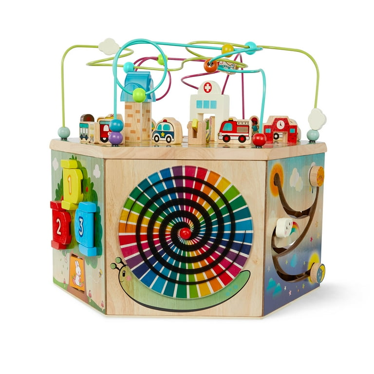 Battat CurioCity Wooden Activity Center Toy with 7 Sides and Bead