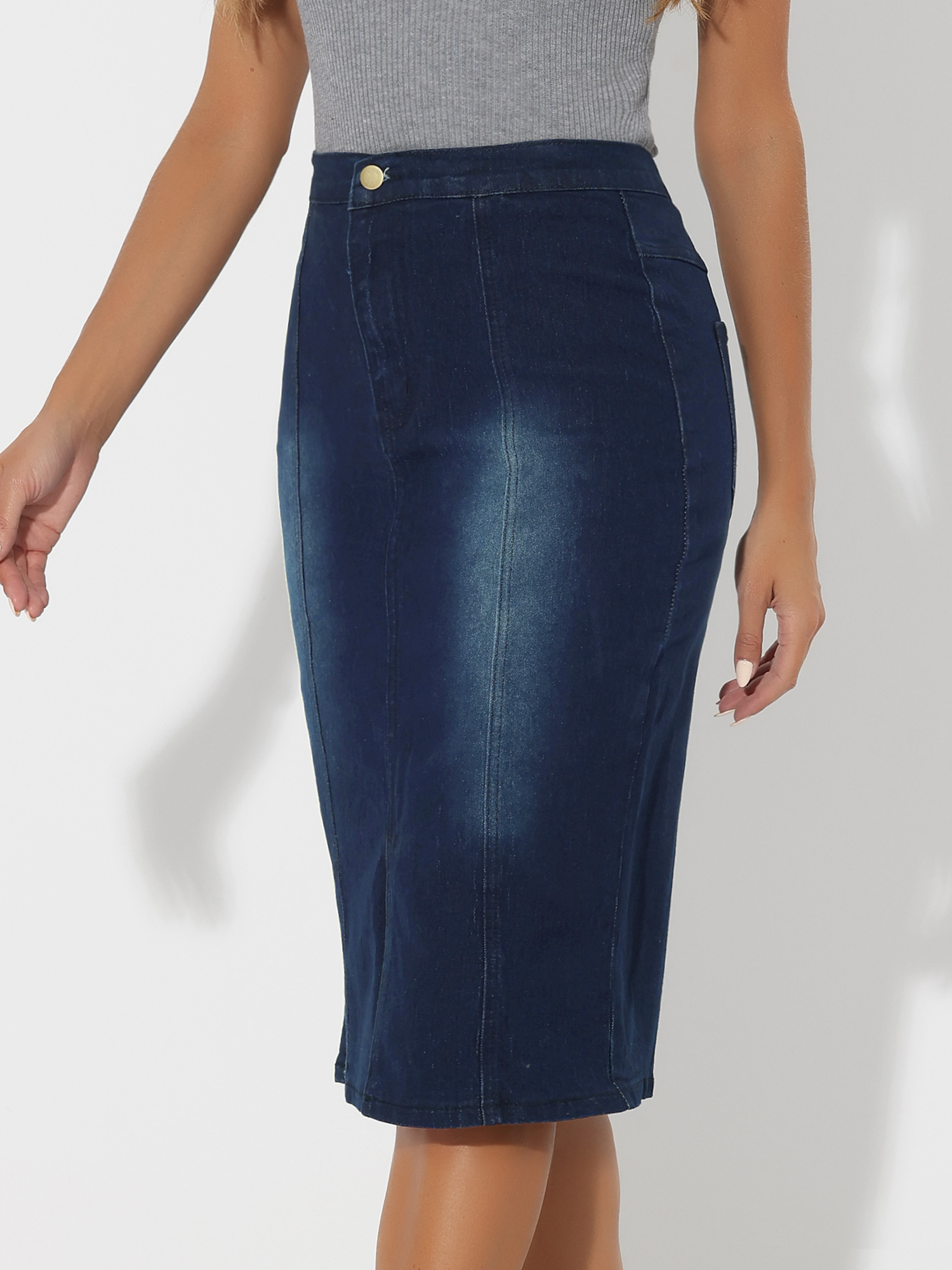 DARING DIVA Women's Split Front Denim Bodycon Midi Skirt S Black Blue