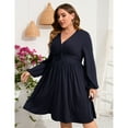 thumbnail image 3 of Women's Long Sleeve V Neck Knotted Elastic Front Knee Length Plus Size Midi Dress, 3 of 5