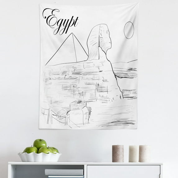 Egyptian Tapestry, Monochrome Historical Elements Architecture Piece Egypt Lettering, Fabric Wall Hanging Decor for Bedroom Living Room Dorm, 5 Sizes, Charcoal Grey White, by Ambesonne