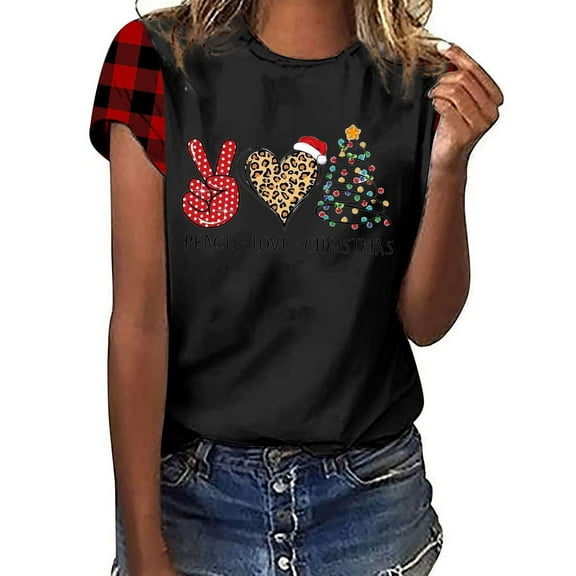 Lolmot Womens Christmas Tops Casual Buffalo Plaid Raglan Sleeve Shirt Tops Casual Short Sleeve Round Neck Xmas Graphic Print T-Shirts Holiday Clothes