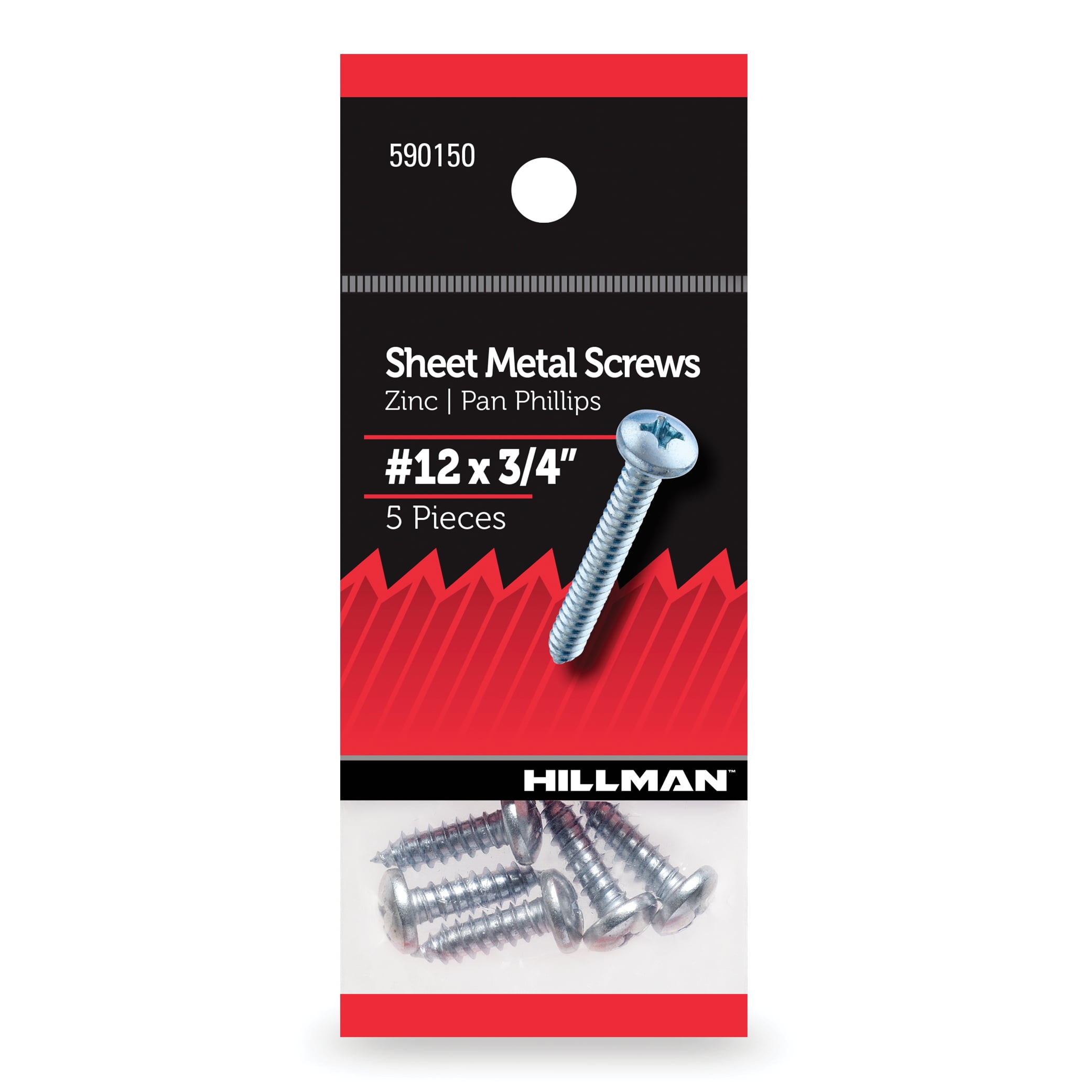 Hillman Sheet Metal Screws, #12 x 3/4", Pan Phillips, Zinc Plated, Steel, Pack of 5