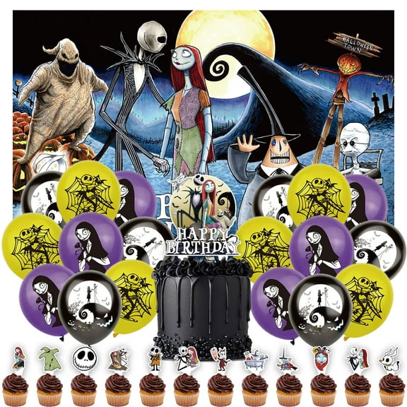 32-Piece For The Nightmare Before Christmas Cartoon-Themed Birthday Party Decorations Set – Includes Backdrop, Cake Topper, 12 Cupcake Toppers, and 18 Balloons