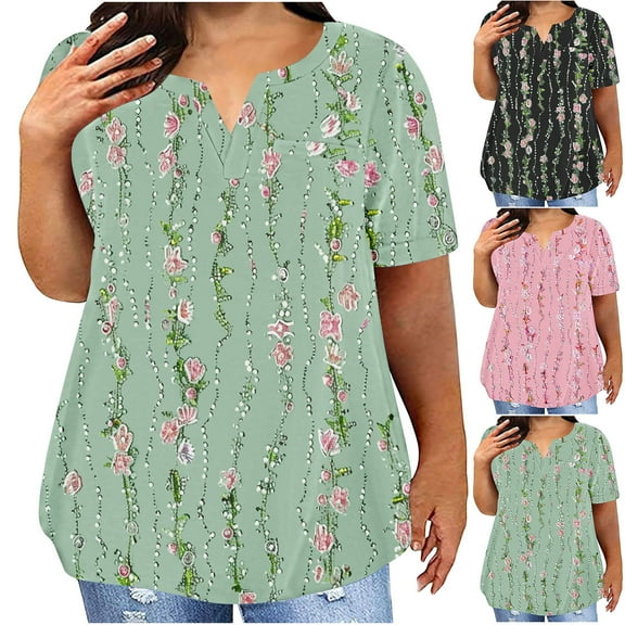 USSUMA Women Clothing Womens Tops Round Neck Short Sleeve Plus Size Tops for Women Prints Loose Fit Leisure Tops Lightweight Tshirt Gym Black Polyester Up to 50% off L