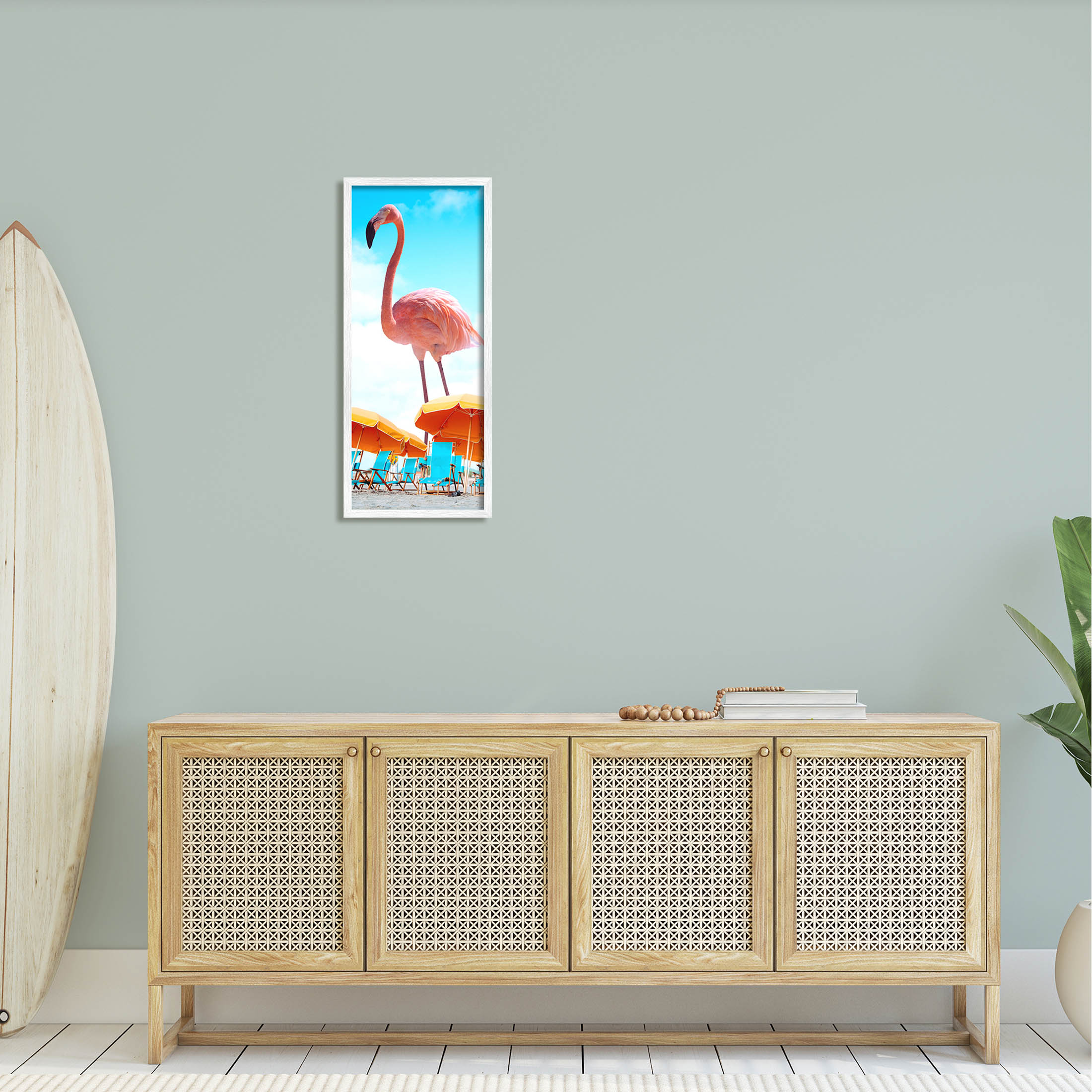 Giant Tropical Flamingo Beach Animals & Insects Graphic Art White Framed Art Print Wall Art
