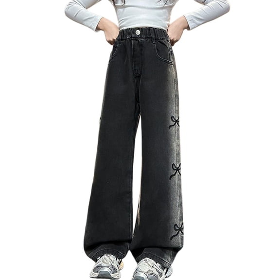 GiLiling Girls Aesthetic Baggy Cargo Jeans High Waist Wide Leg Elastic Waist Y2k Vintage Denim Pants Casual Bow Embroidery (Black, 9-10 Years)