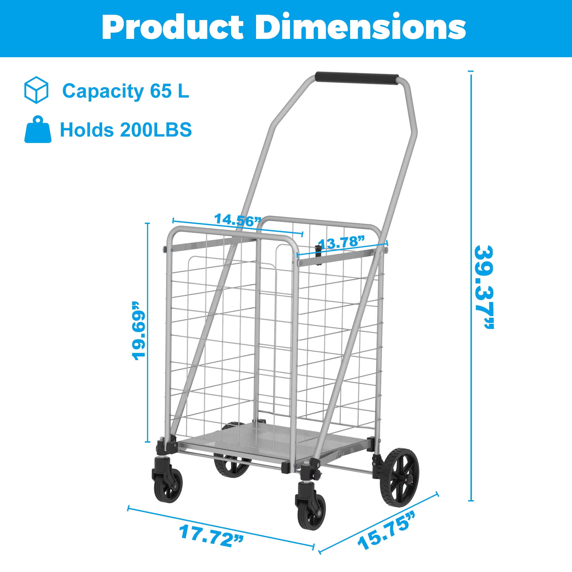 Yoneston Folding Shopping Cart with Wheels, 200 LBS Heavy Duty Grocery Cart, Collapsible Utility Cart for Laundry, Groceries, Travel, Grey