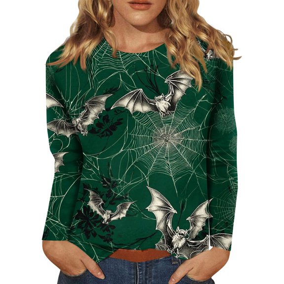 DORKASM Womens Halloween Shirts Long Sleeve Spooky Trendy Sweatshirt Round Neck Pumpkin Funny Print Fall Winter Tshirt Ghost Graphic 2026 Basic Pullover Green XL