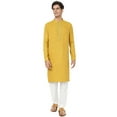 thumbnail image 3 of In-Sattva Men's Indian Embroidered Dobby Textured Woven Long Kurta Tunic; Turmeric Yellow; XXL, 3 of 5