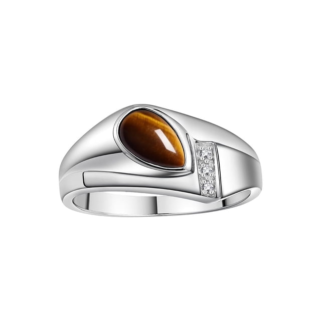 RYLOS Men's Rings Sterling Silver Ring - Timeless Pear Shape Cabochone Gemstone & Diamonds - Tear Drop Tiger Eye Rings For Men Size 10
