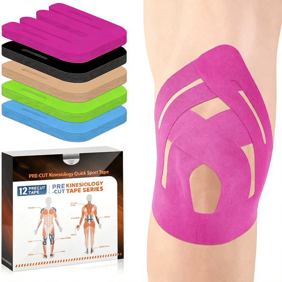 DUPAI Precut Kinesiology Tape for Knees 12 Pcs 20% Stronger Adhesive Pink, Knee Tape with Premium Cotton Breathable Waterproof for Running Gym Hiking
