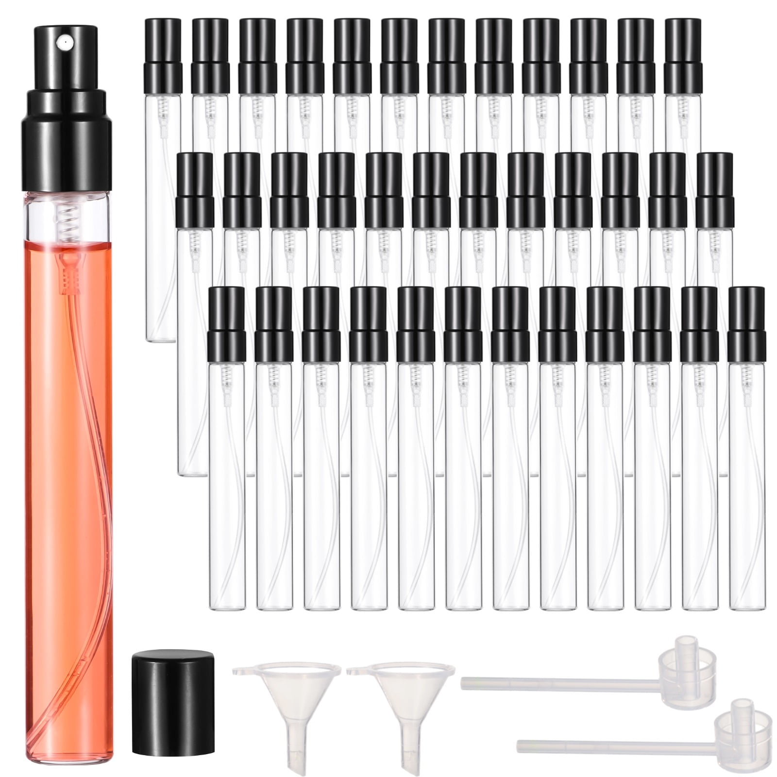 50PCS Mini Spray Bottles, 0.3oz/10ml Refillable Glass Perfume Bottles, Portable Travel Sample Containers with Caps, Fine Mist Atomizers with 2 Funnels and 2 Dispensers, Black