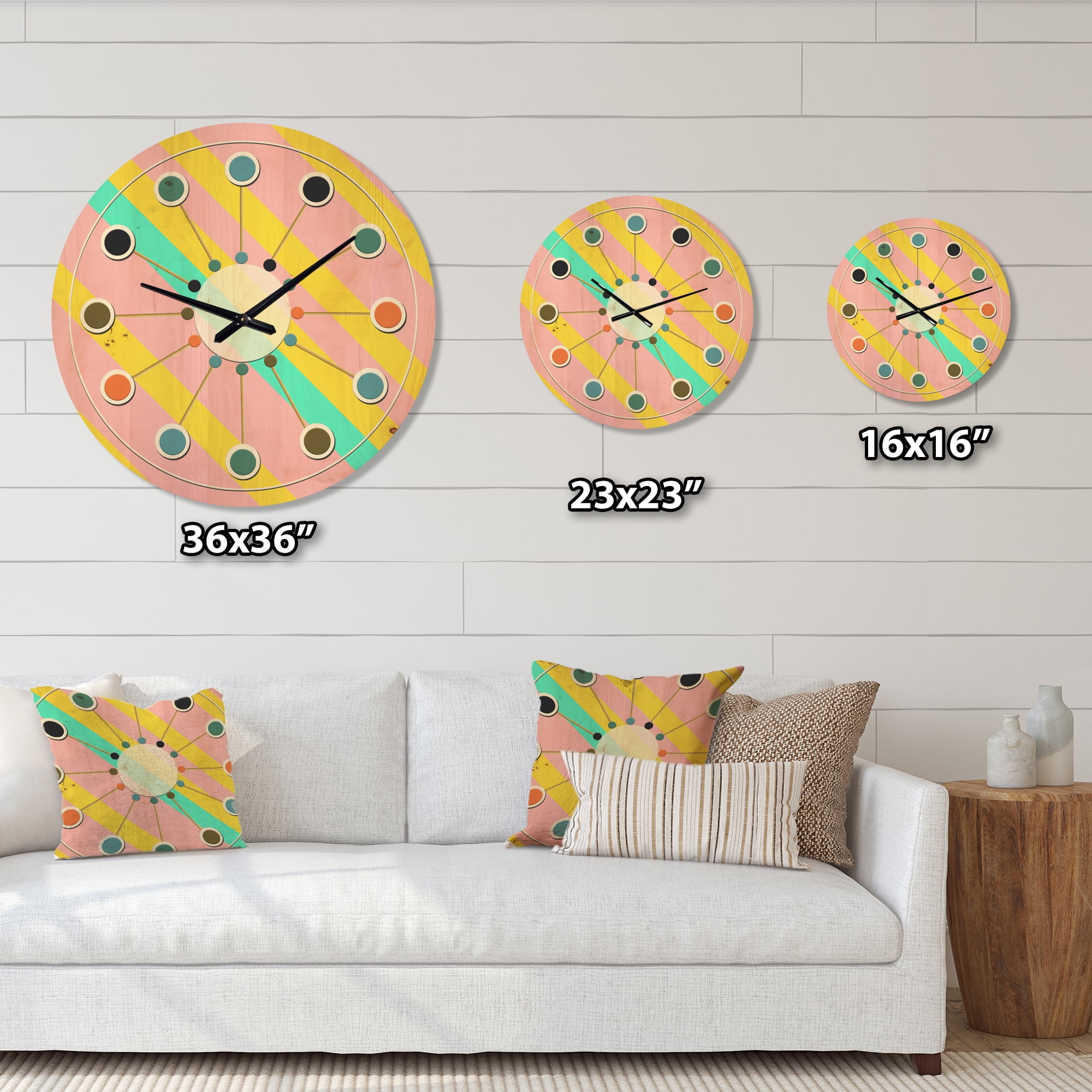 Designart 'Memphis Neon Retro Pattern' Mid-Century Modern Wood Wall Clock