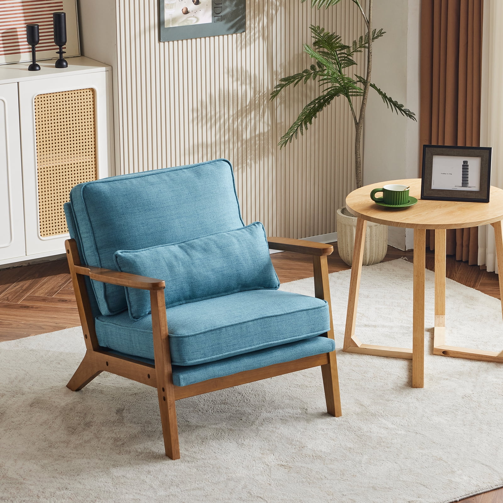 Ktaxon Accent Chair Line Fabric Upholstered Armchair, Reading Club Chair with Pillow for Living Room Bedroom Furniture Blue