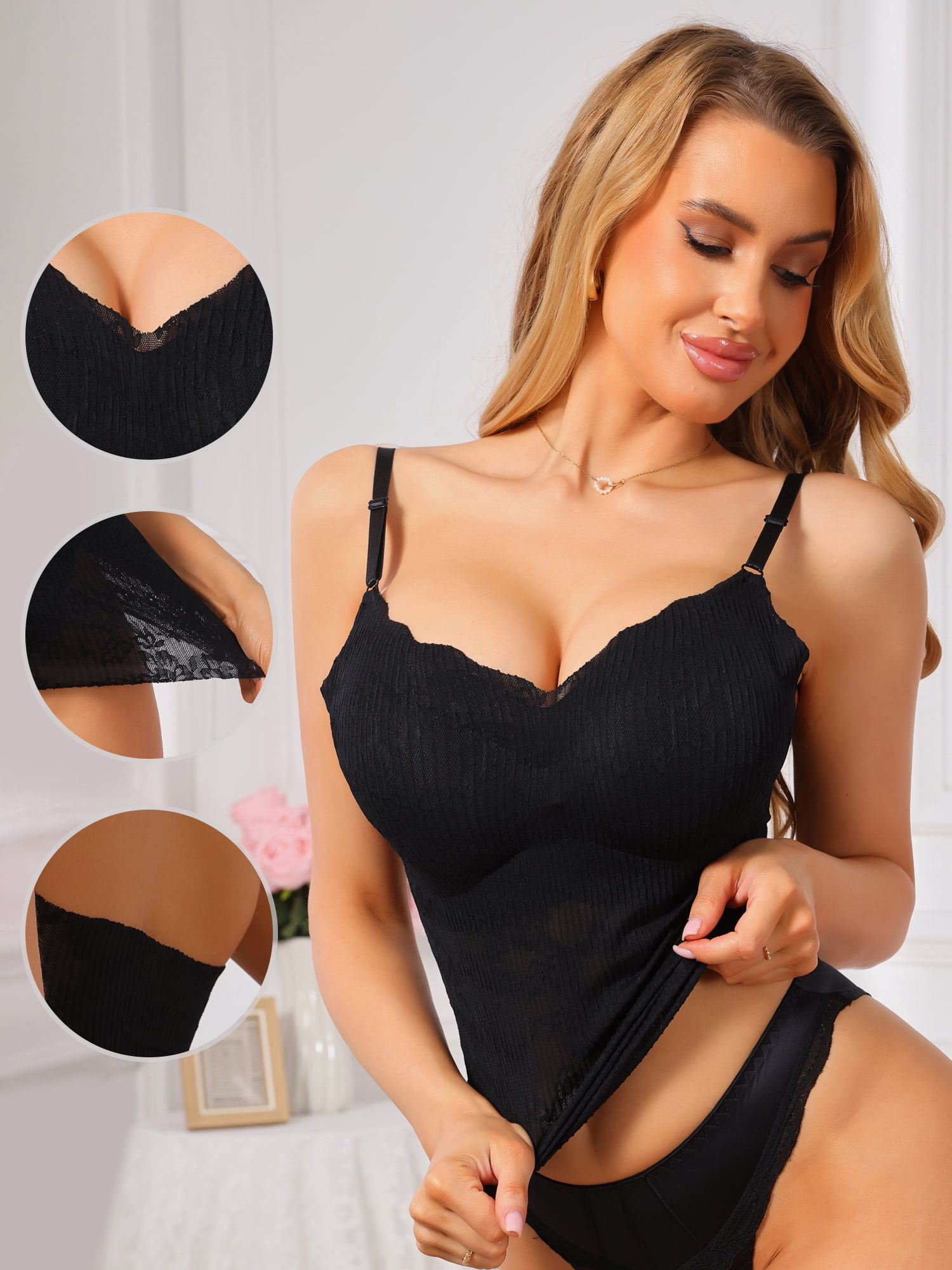 DARING DIVA Women's Lace V Neck Spaghetti Strap Slim Fit Cami Tank Large Black
