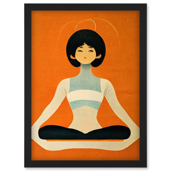 Peaceful Japanese Woman In Yoga Pose Orange Black Quirky Artwork Framed Wall Art Print A4