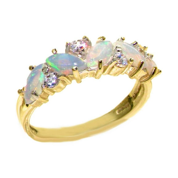 LBG British Made 10k Yellow Gold Natural Opal & Diamond Womens Eternity Ring - 33 size options