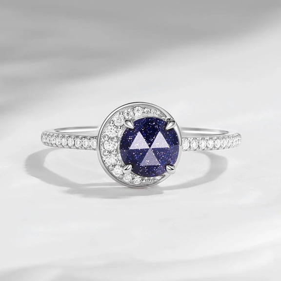 Crescent Moon Round Cut Blue Sandstone & Diamond Halo Engagement Ring – 925 Sterling Silver – Celestial Bridal Ring – Handmade Wedding Jewelry for Her