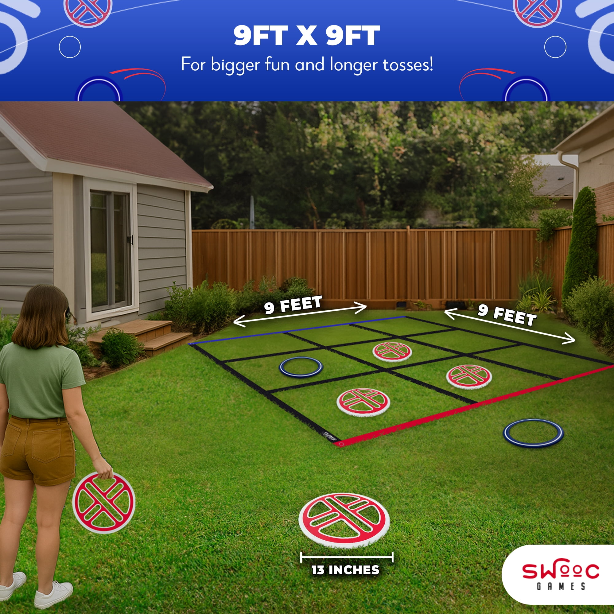 Swooc Games® - Fling Tac Toe™ (9ft x 9ft) Giant Tic Tac Toe Game Outdoor | Weatherproof Giant Outdoor Games for Adults and Family | Large Backyard Games for Kids | Jumbo Outside Yard & Lawn Game